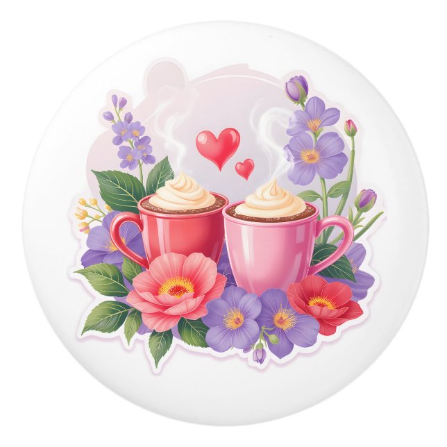Cute Valentine Cocoa Mugs with Flowers & Hearts Keramikknauf (Vorderseite)