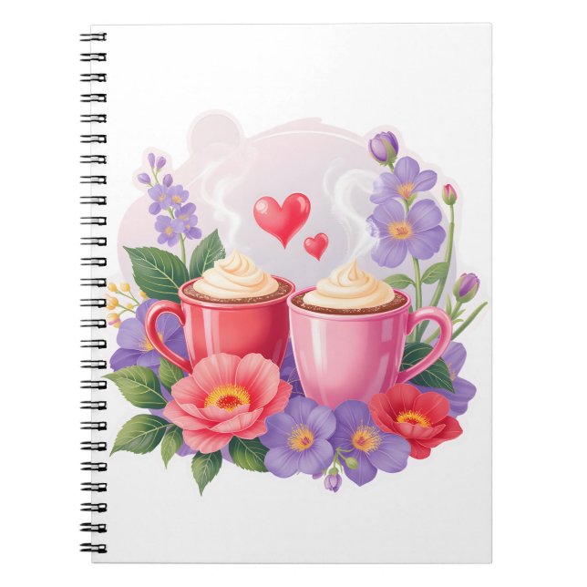 Cute Valentine Cocoa Mugs with Flowers & Hearts Notizblock (Vorderseite)
