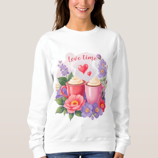Cute Valentine Cocoa Mugs with Flowers & Hearts Sweatshirt (Vorderseite)