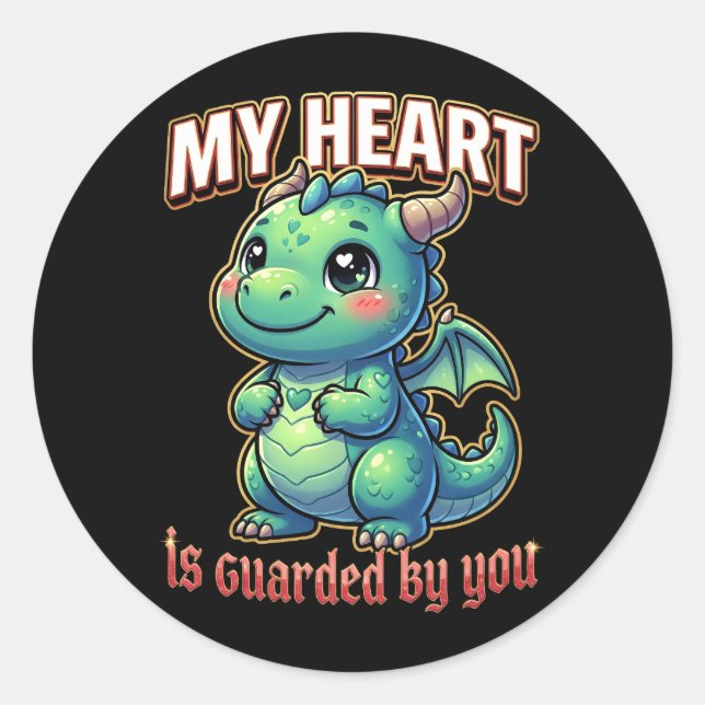 Cute Valentine Dragon – My Heart Is Guarded by You Runder Aufkleber (Vorderseite)