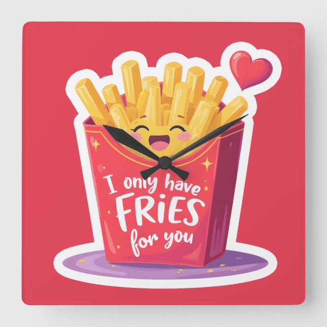 Cute Valentine French Fries Pun Quadratische Wanduhr (Vorderseite)