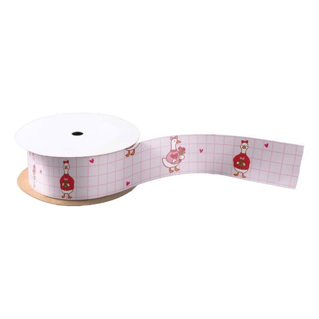 Cute Valentine Goose Hearts Pink Grid Pattern  Satinband (Spule)