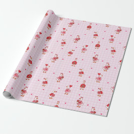 Cute Valentine Goose Pattern Hearts Pink Grid  Geschenkpapier