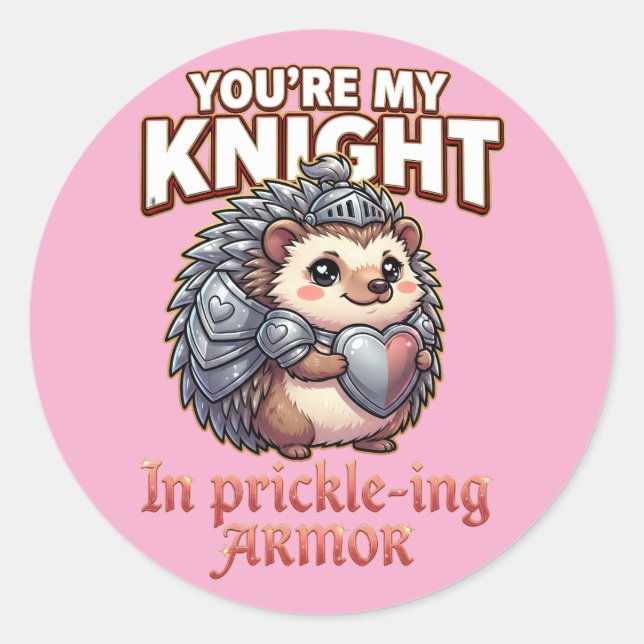 Cute Valentine Hedgehog – Knight in Prickly Armor Runder Aufkleber (Vorderseite)