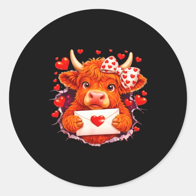 Cute Valentine Highland Cow With Heart Bow Western Runder Aufkleber (Vorderseite)