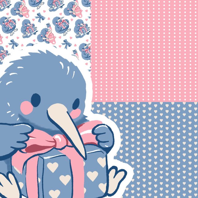 Cute Valentine Kiwi Bird Hearts Bow Soft Pink Blue Geschenkpapier Set (Cute kiwi bird Valentine gift wrap with hearts, bows, and soft pastel patterns for sweet celebration)