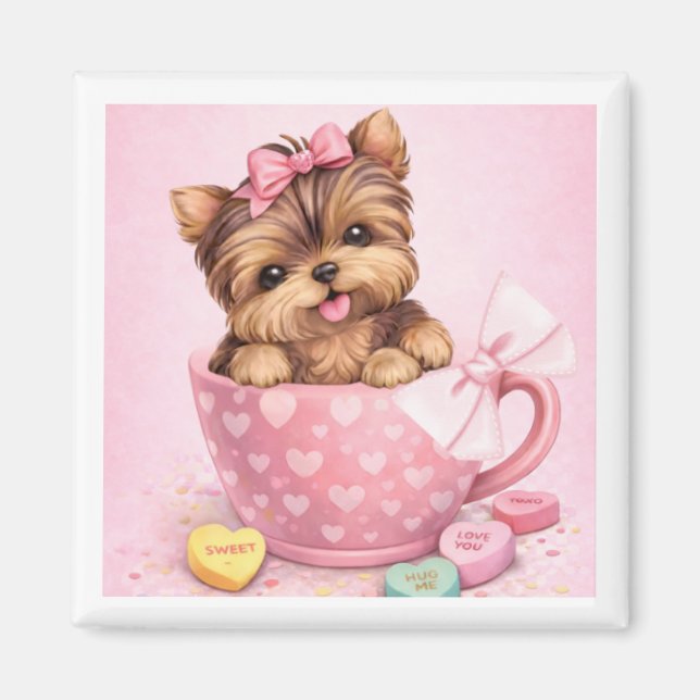 Cute Valentine Yorkie in Pink Teacup Magnet (Vorne)