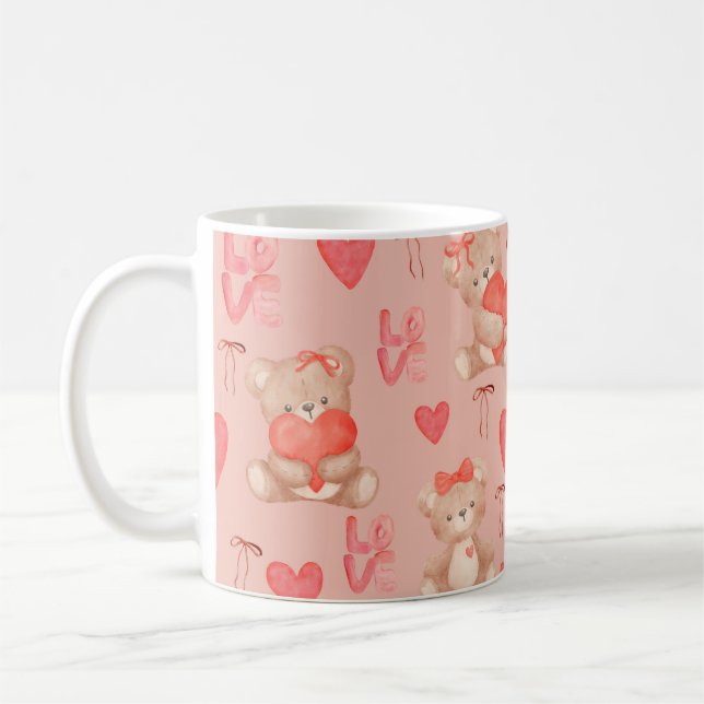 Cute Valentines Brown Teddy Bear Seamless Pattern Kaffeetasse (Links)