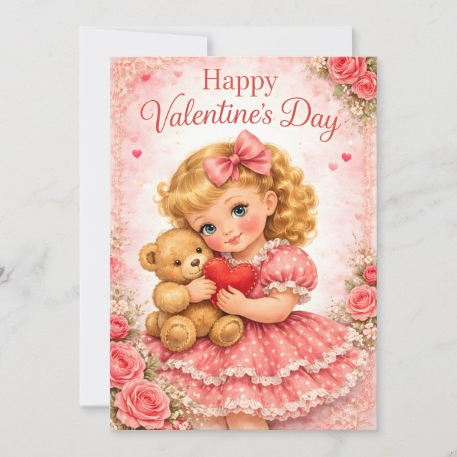  Cute Valentine's Day Girl with Teddy Bear Einladung (Vorderseite)