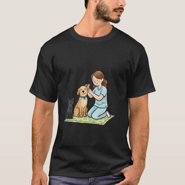 Cute Vet Nurse with Dog and Cat Illustration T-Shirt (Vorderseite)