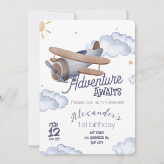 Cute Vintage Airplane First Birthday Adventure Awa Einladung