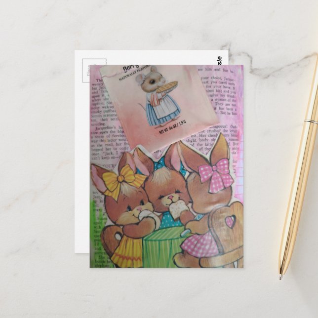 Cute Vintage Bunnies and Mouse Collage Postkarte (Vorderseite/Rückseite Beispiel)