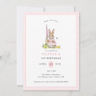 Cute Vintage Bunny Pink Gingham Girl Birthday Einladung