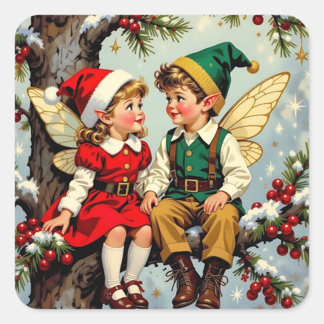 Cute Vintage Elven Fairy Children Christmas Quadratischer Aufkleber (Vorderseite)