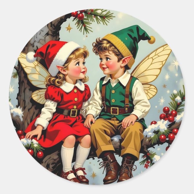 Cute Vintage Elven Fairy Children Christmas Runder Aufkleber (Vorderseite)