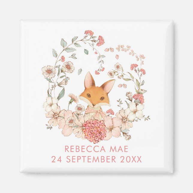 Cute Vintage Fox Botanicals Name Date Birth Girl Magnet (Vorne)