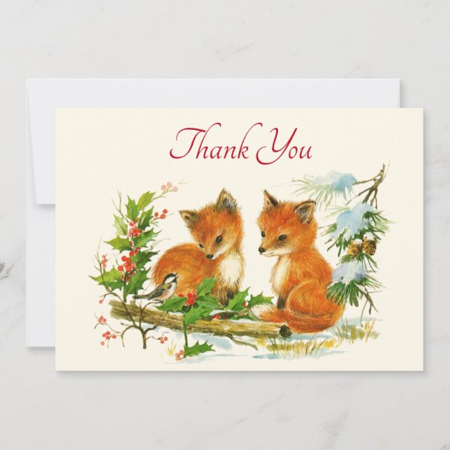 Cute Vintage Foxes Retro Christmas Dankeskarte (Vorderseite)