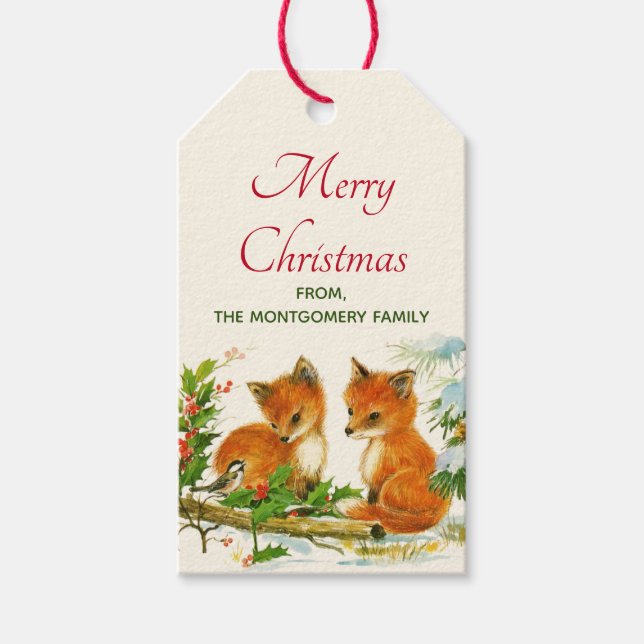 Cute Vintage Foxes Retro Christmas Geschenkanhänger (Vorderseite)