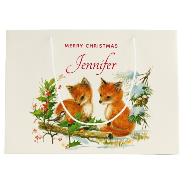 Cute Vintage Foxes Retro Christmas Große Geschenktüte (Vorderseite)