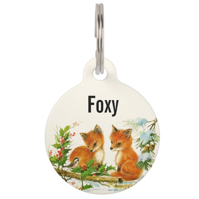 Cute Vintage Foxes Retro Christmas Haustiermarke (Vorderseite)