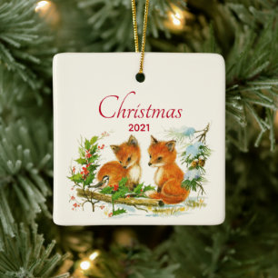 Cute Vintage Foxes Retro Christmas Keramikornament