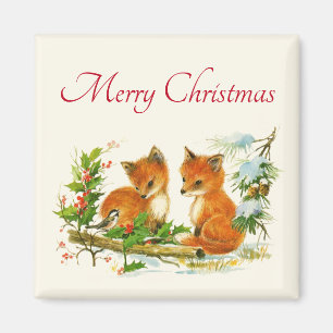 Cute Vintage Foxes Retro Christmas Magnet