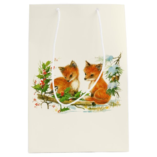 Cute Vintage Foxes Retro Christmas Mittlere Geschenktüte (Vorderseite)
