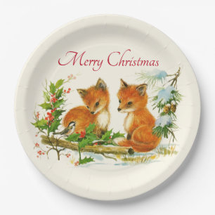 Cute Vintage Foxes Retro Christmas Pappteller