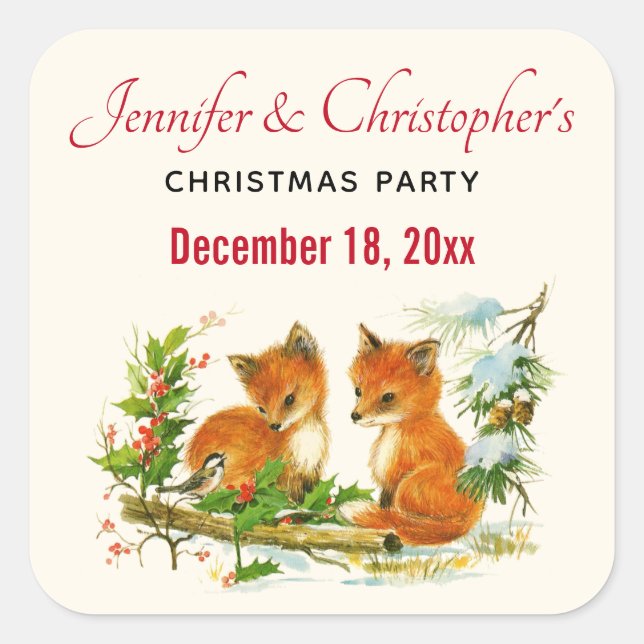 Cute Vintage Foxes Retro Christmas Quadratischer Aufkleber (Vorderseite)