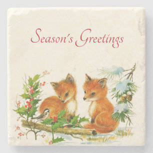Cute Vintage Foxes Retro Christmas Steinuntersetzer