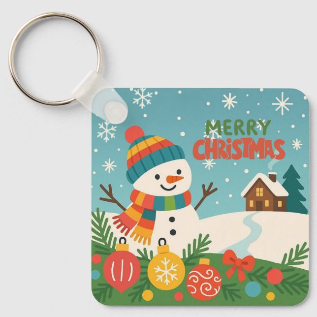 Cute, vintage green rustic snowman schlüsselanhänger (Vorderseite)