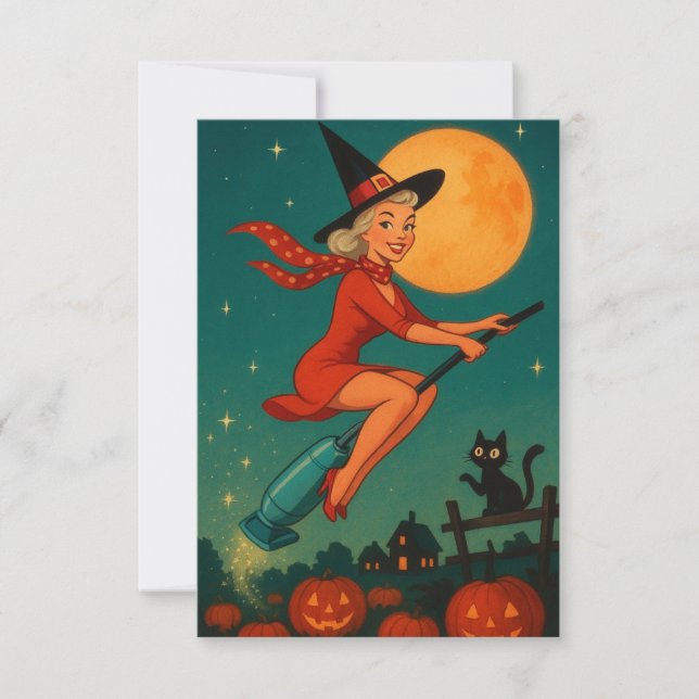 Cute Vintage Halloween Witch On Broom (Vorderseite)