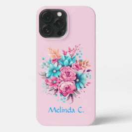 Cute Vintage Inspired Pink and Teal Florals iPhone 13 Pro Max Hülle