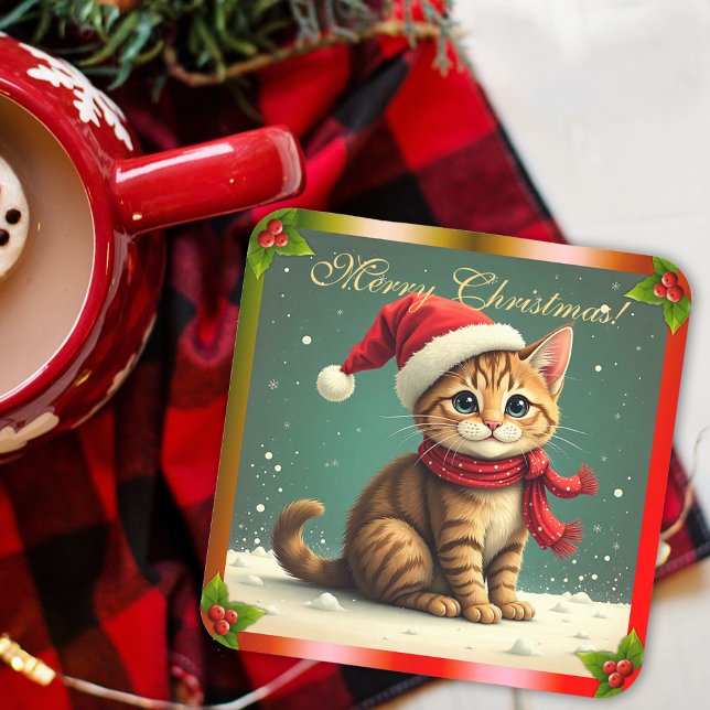 Cute Vintage Tabby Cat Christmas Getränkeuntersetzer (Cute Vintage Tabby Cat Christmas Beverage Coaster by the Olde Christmas Shoppe)
