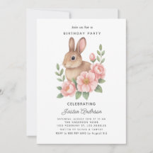 Cute Watecolor Bunny and Pink Flowers Birthday 