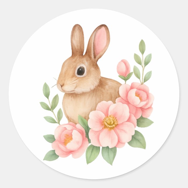 Cute Watecolor Bunny and Pink Flowers Birthday  Runder Aufkleber (Vorderseite)