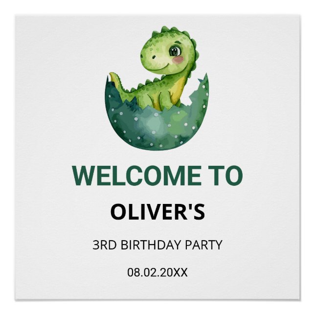 Cute Watercol Dinosaur Kids Birthday Party Welcome Poster (Vorderseite)