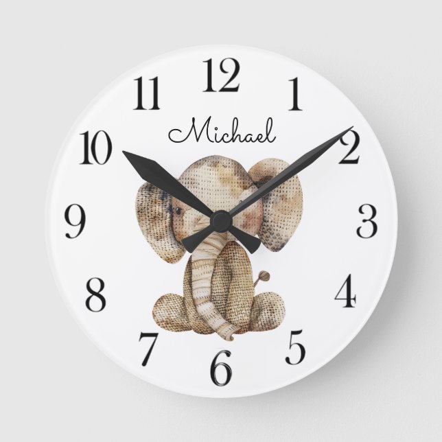 Cute Watercolor Animal Elephant  Nursery  Runde Wanduhr (Vorderseite)