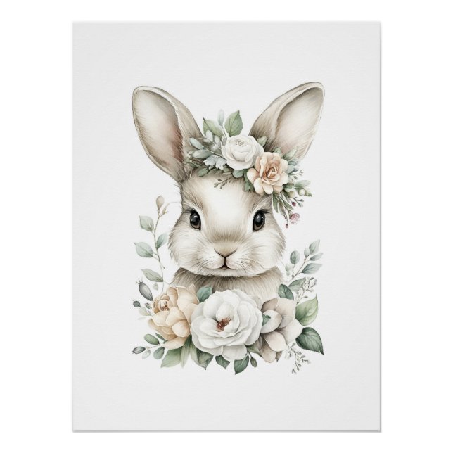 Cute Watercolor Baby Animals with Flowers Poster (Vorderseite)