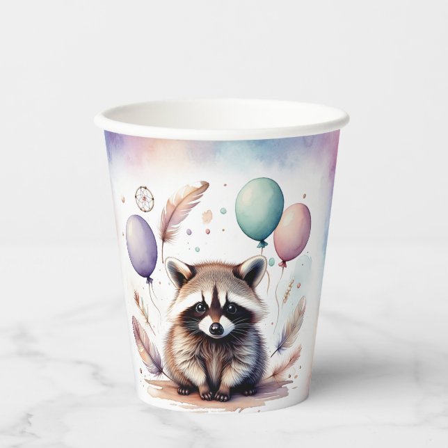 Cute Watercolor Baby Raccoon Balloons Birthday  Pappbecher (Vorderseite)