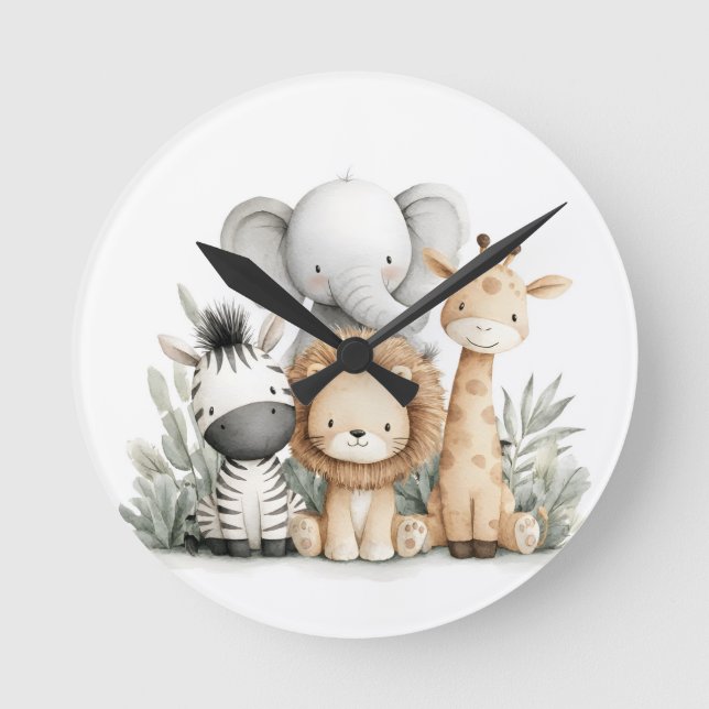 Cute Watercolor Baby Safari Animals Group Print Runde Wanduhr (Vorderseite)