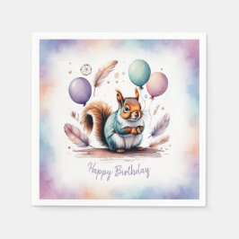 Cute Watercolor Baby Squirrel Balloons Birthday Serviette