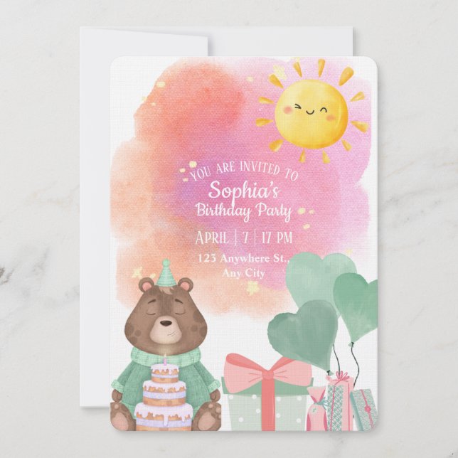 Cute Watercolor Bear Birthday Invitation  Einladung (Vorderseite)