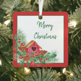 Cute watercolor birdhouse Christmas Holiday Ornament Aus Metall