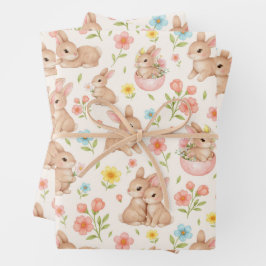 Cute Watercolor Bunnies & Flowers Pattern Geschenkpapier Set