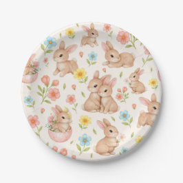 Cute Watercolor Bunnies & Flowers Pattern Pappteller