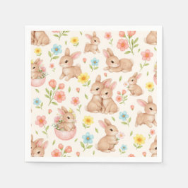 Cute Watercolor Bunnies & Flowers Pattern Serviette