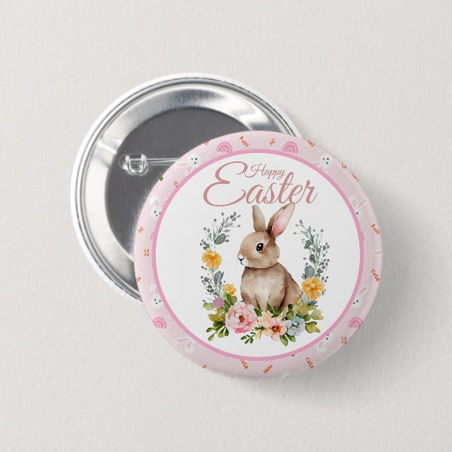 Cute Watercolor Bunny Floral Wreath Easter Button (Vorne & Hinten)