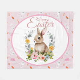 Cute Watercolor Bunny Floral Wreath Easter Fleecedecke
