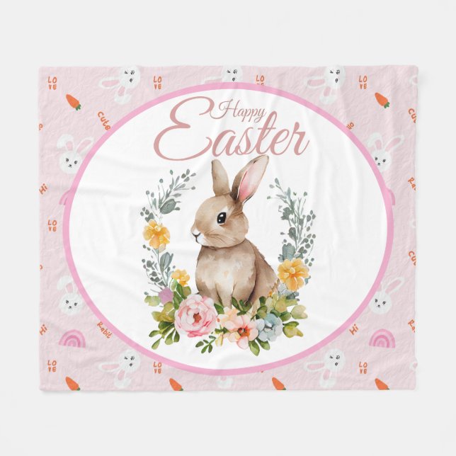 Cute Watercolor Bunny Floral Wreath Easter Fleecedecke (Vorderseite (Horizontal))